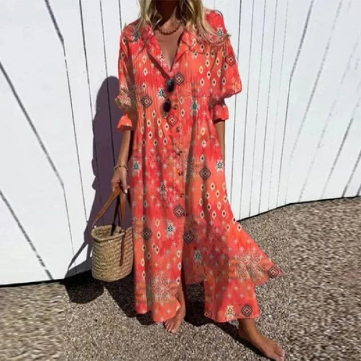 Vibrant floral print women's boho maxi dress with long sleeves, great for summer & beach.