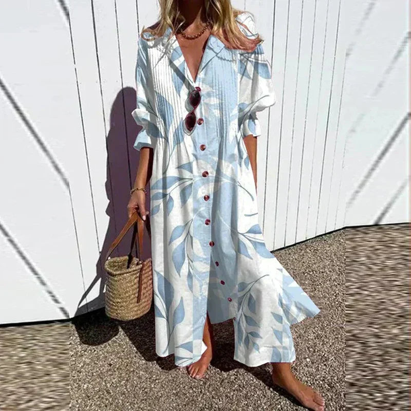 Summer-ready women's long sleeve boho floral maxi dress, a stylish choice for vacation wear.