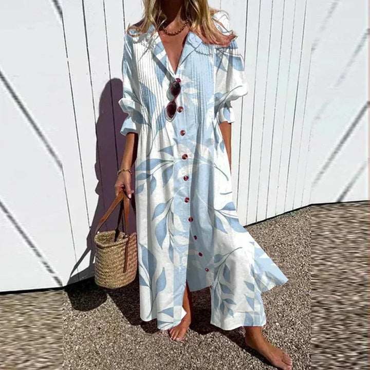 Summer-ready women's long sleeve boho floral maxi dress, a stylish choice for vacation wear.