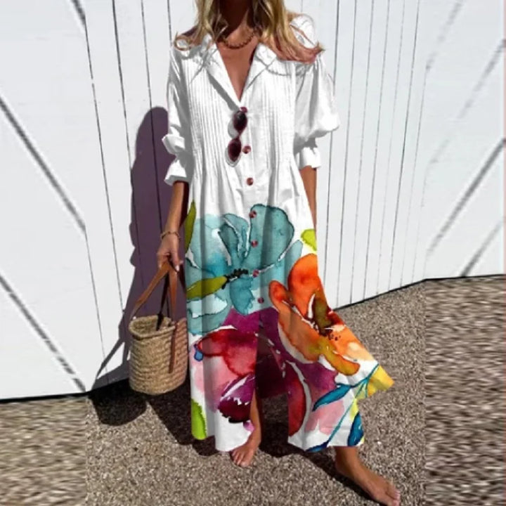 Chic women's boho floral long sleeve maxi dress, a versatile piece for summer and vacation.