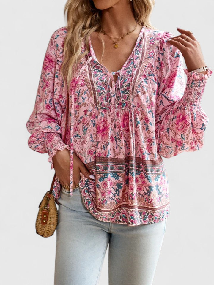 Women's boho floral long sleeve peasant top, relaxed fit for casual spring & summer style.