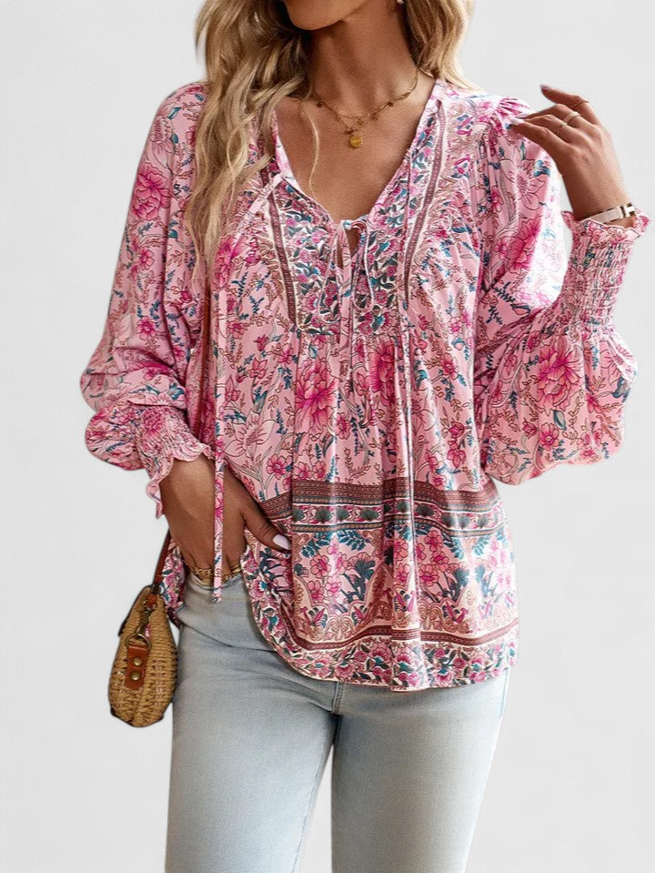 Bohemian women's floral long sleeve peasant top, perfect for effortless spring & summer fashion.