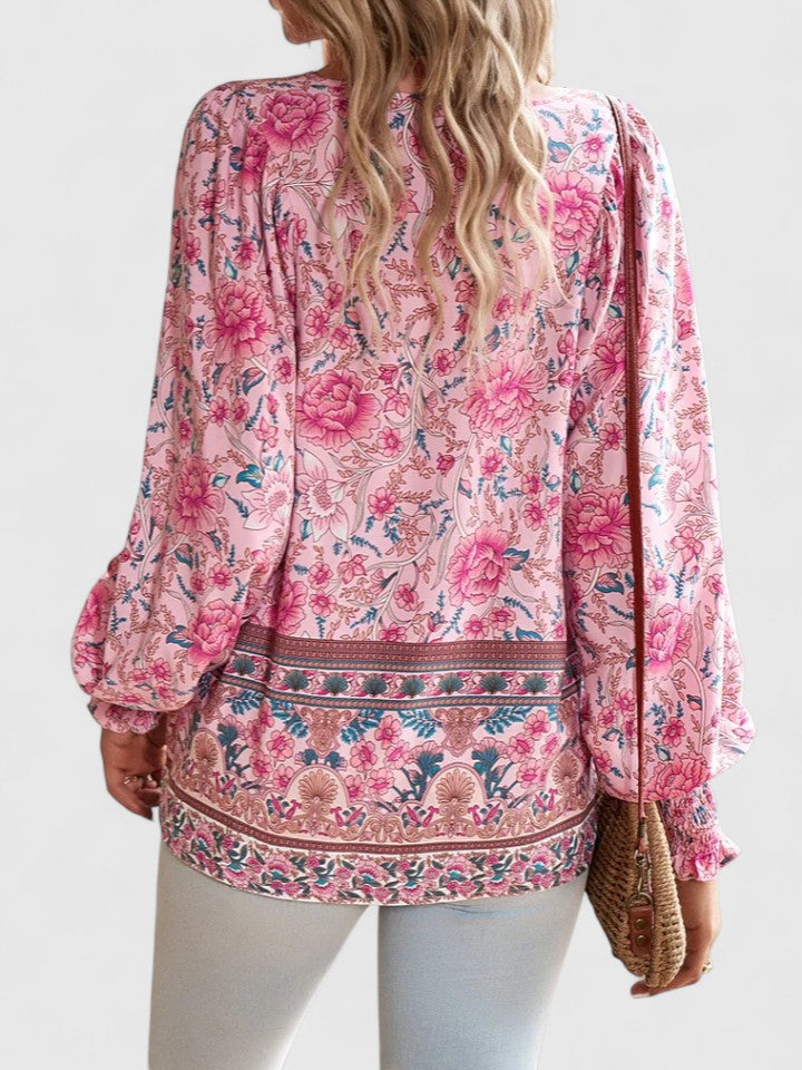 Relaxed fit women's long sleeve peasant top with floral boho print, ideal for everyday casual wear.