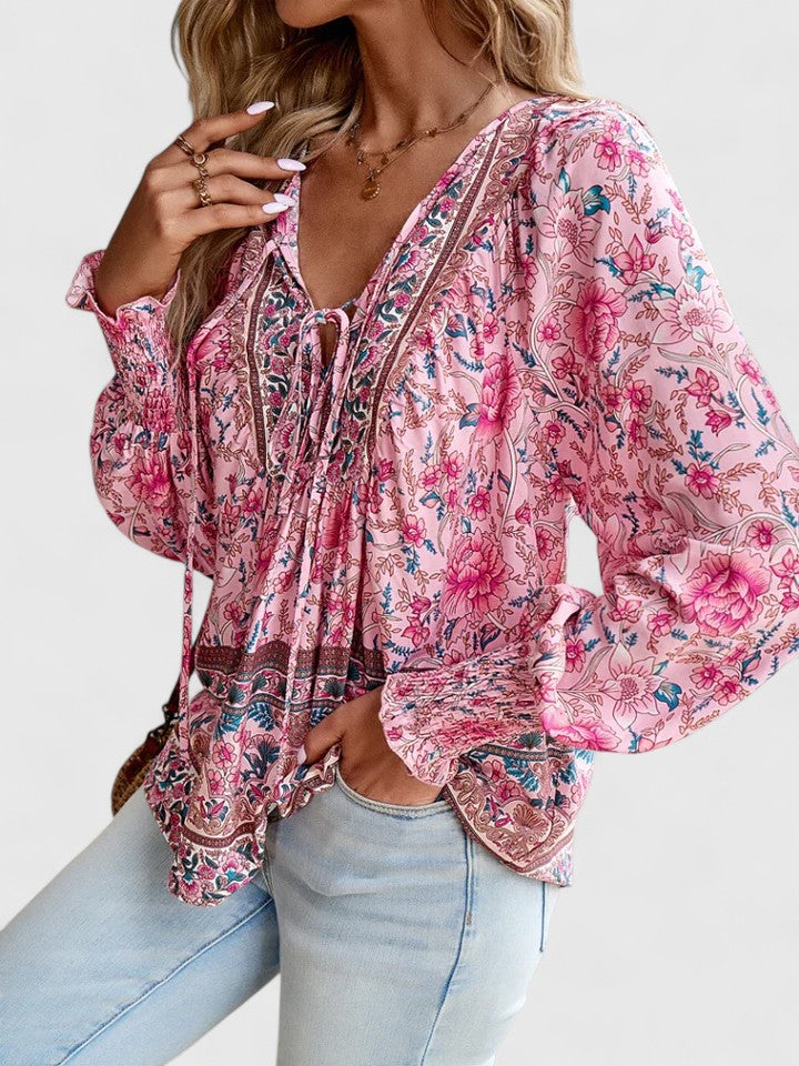 Casual women's boho floral long sleeve peasant top, a stylish addition for spring and summer outfits.
