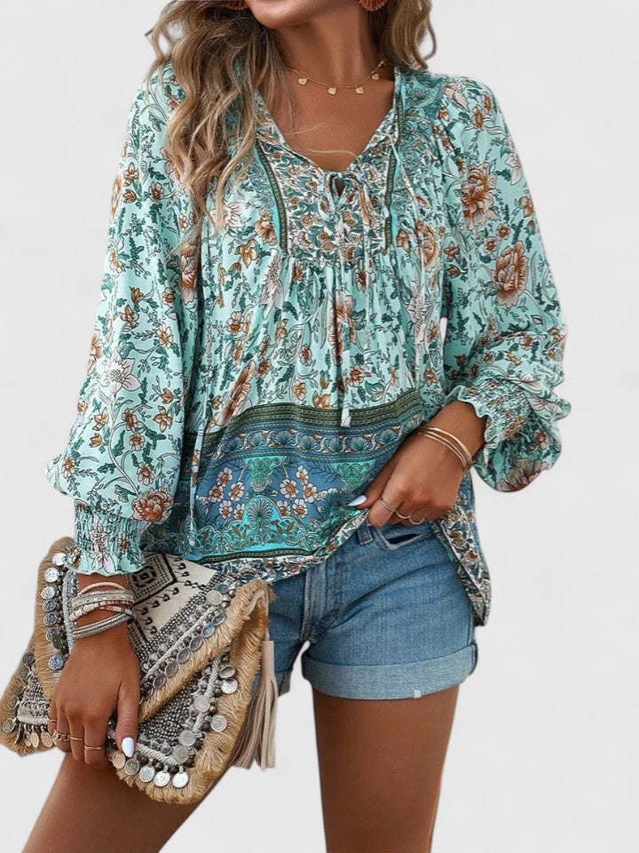 Women's casual long sleeve peasant top with bohemian floral print, perfect for summer style & comfort.