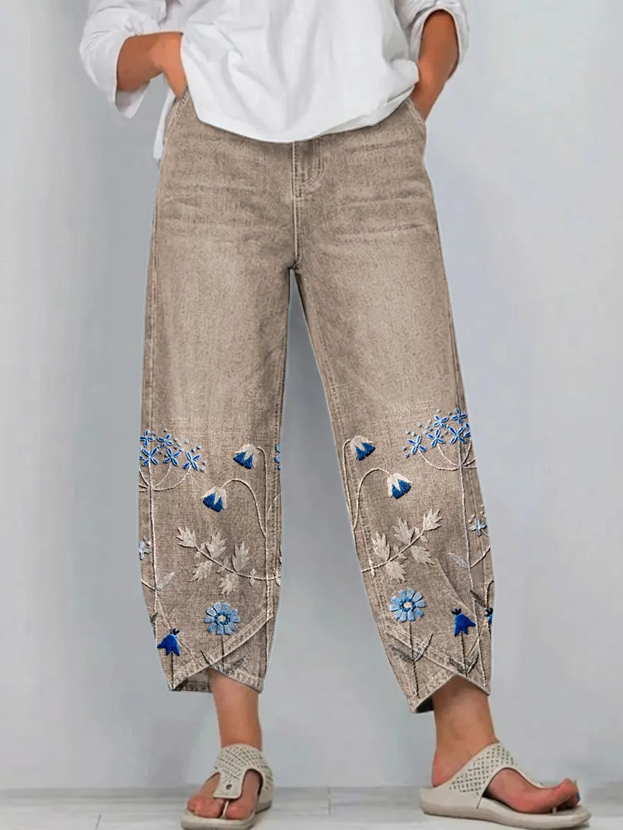 Women's boho floral print casual trousers. Relaxed fit lightweight pants for summer comfort.