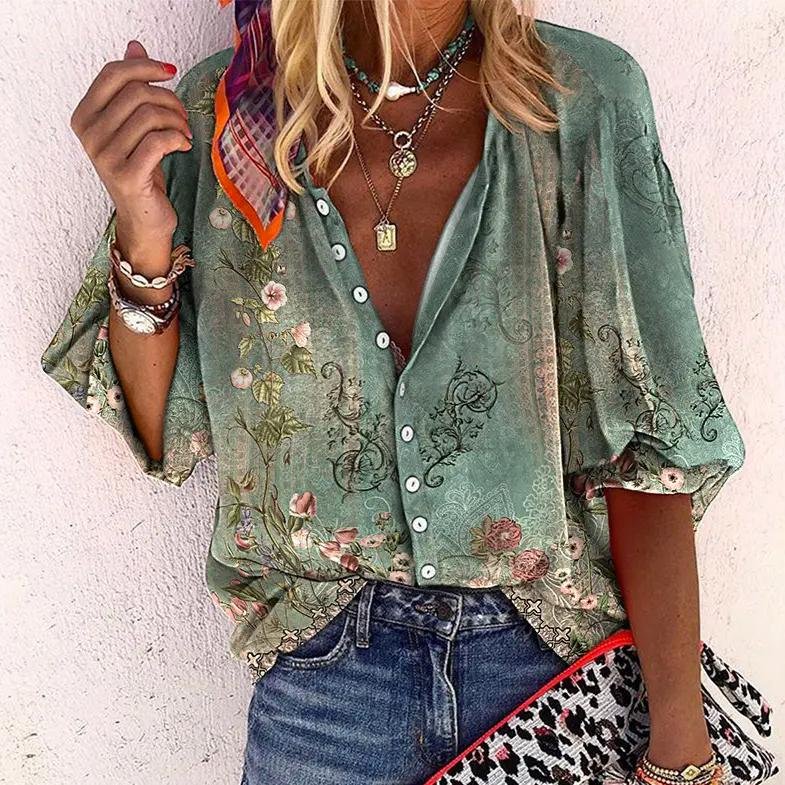 Women's boho floral print V-neck long sleeve button-down blouse, perfect for a relaxed bohemian style.
