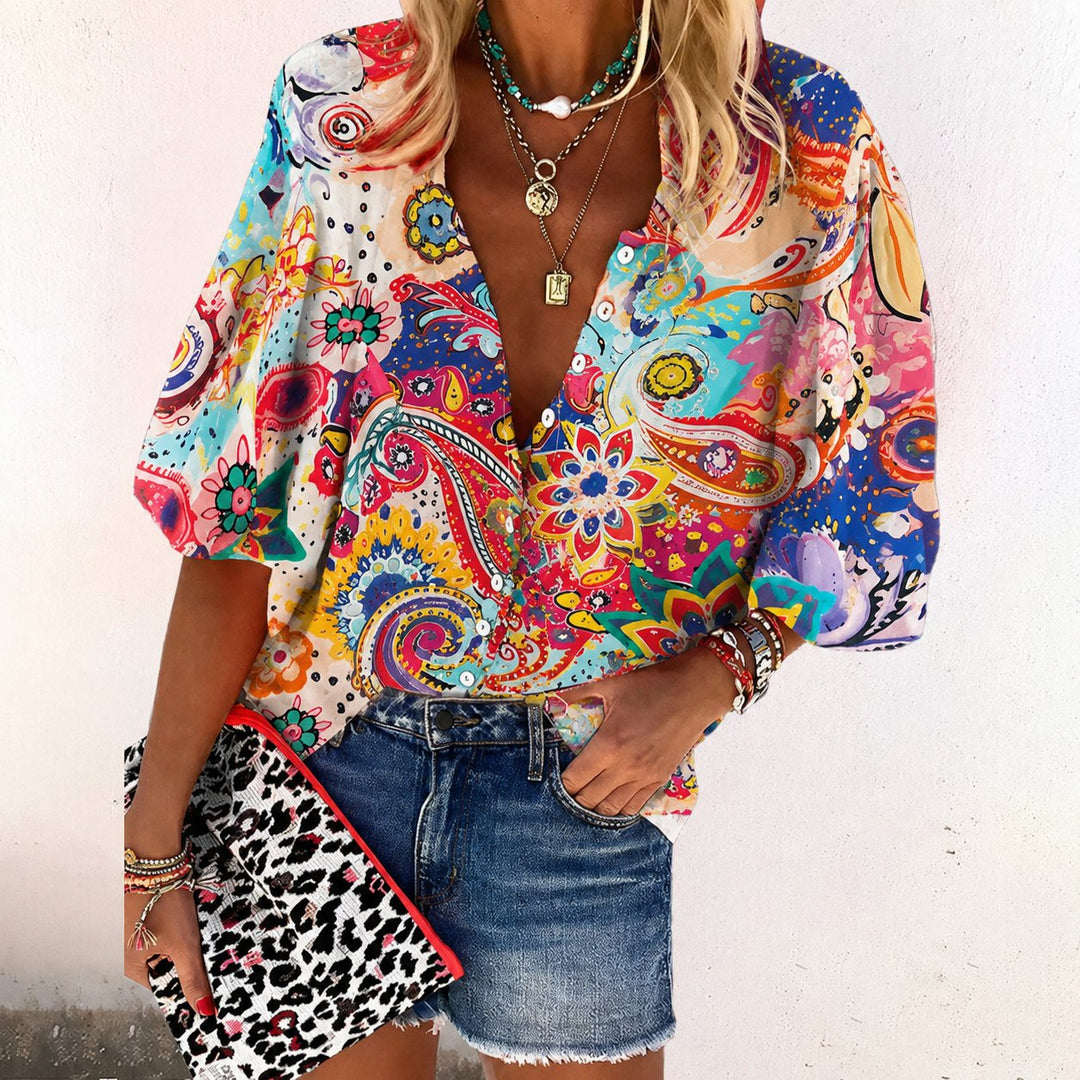 Stylish women's floral print long sleeve V-neck blouse, a casual button-down top for spring & summer everyday wear.