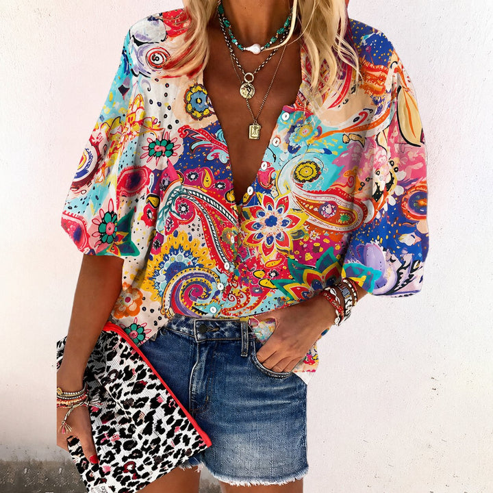 Stylish women's floral print long sleeve V-neck blouse, a casual button-down top for spring & summer everyday wear.