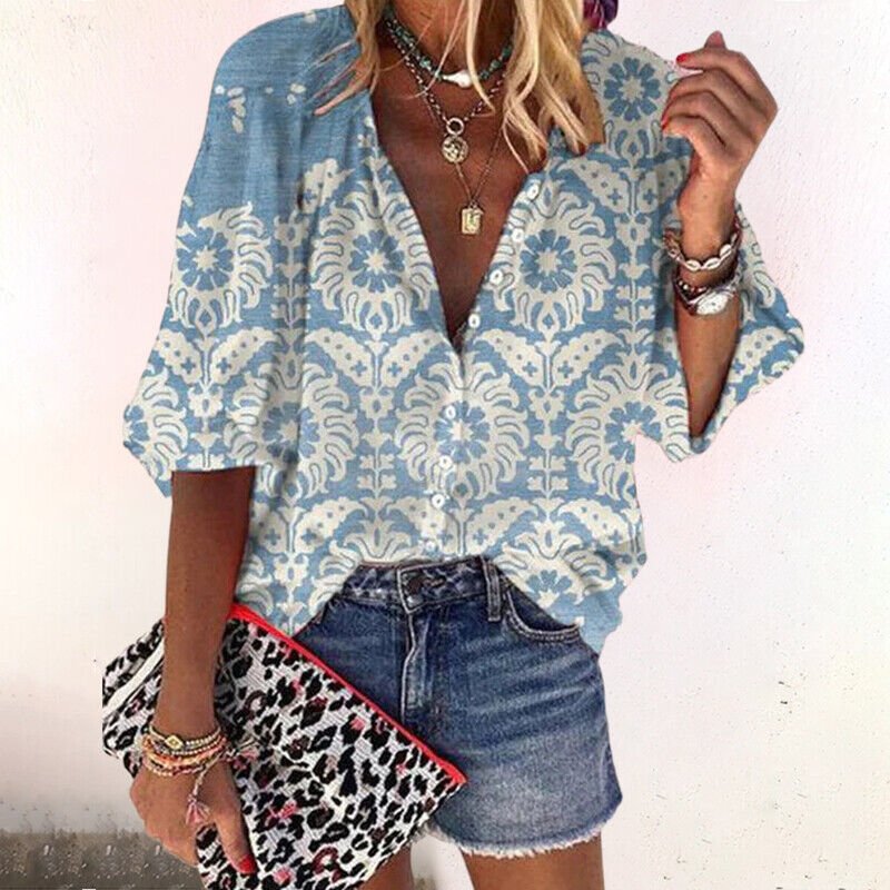 Women's bohemian V-neck floral print blouse, featuring long sleeves & button-down front, a chic and casual top.