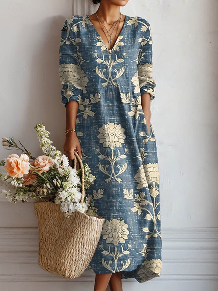 Women's boho floral print V-neck midi dress with 3/4 sleeves & pockets, ideal for spring & summer fashion.