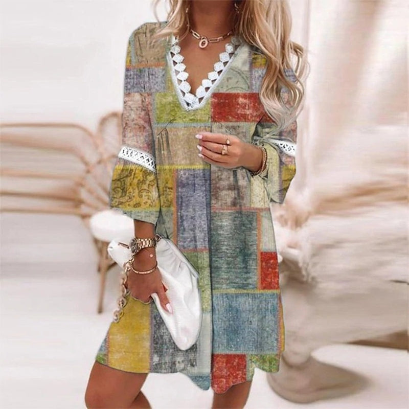 Lightweight women's boho floral V-neck mini dress, a breezy summer essential for comfort & style.