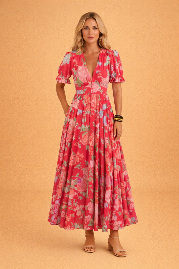 Detail of the flowy floral print on an elegant women's boho V-neck maxi dress, ideal for summer.