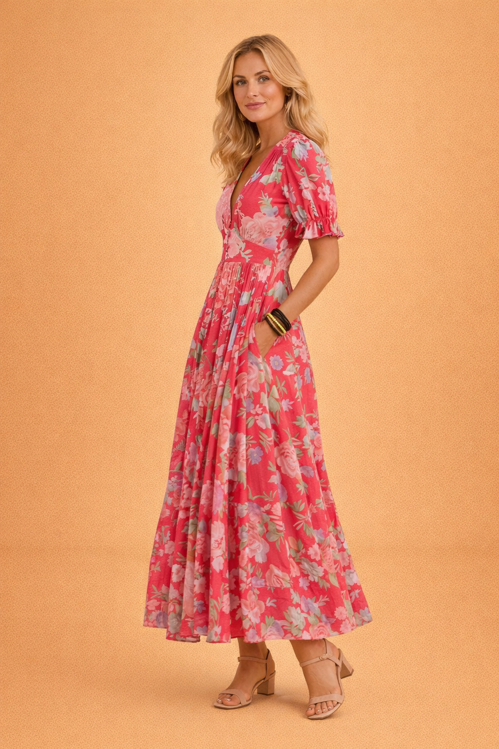 Versatile women's floral print flowy maxi dress, boho V-neck style, suitable for casual or elegant summer events.