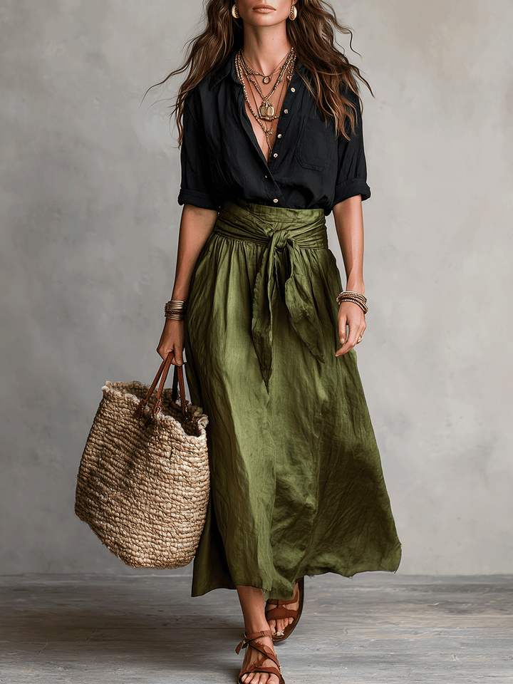 Women's boho flowy skirt and matching top set, a casual elegant two-piece outfit for summer fashion.