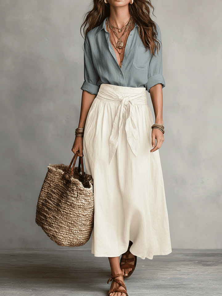 Effortless women's boho two-piece outfit with a flowy skirt and matching top, ideal for summer casual wear.