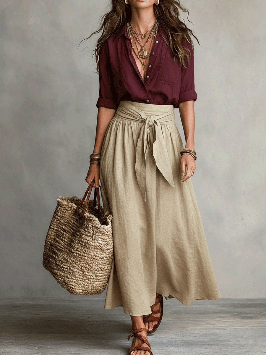 Flowy bohemian style skirt and top set for women, a comfortable and chic two-piece co-ord for warm weather.