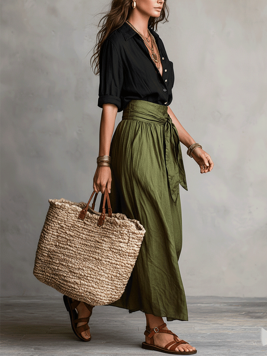 Elegant women's boho flowy skirt and top set, a versatile two-piece outfit for casual or vacation fashion.