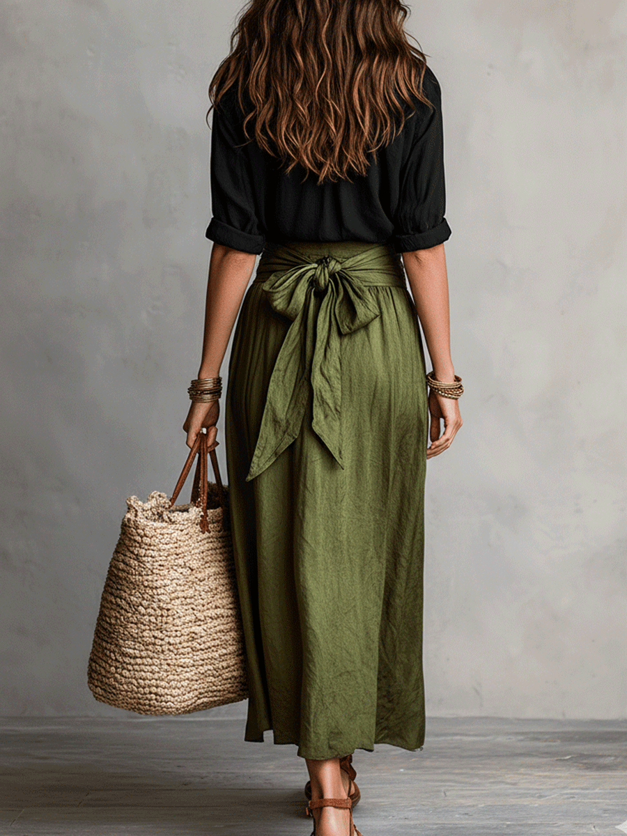 Women's matching boho top and long flowy skirt two-piece set, perfect for a relaxed summer vacation look.
