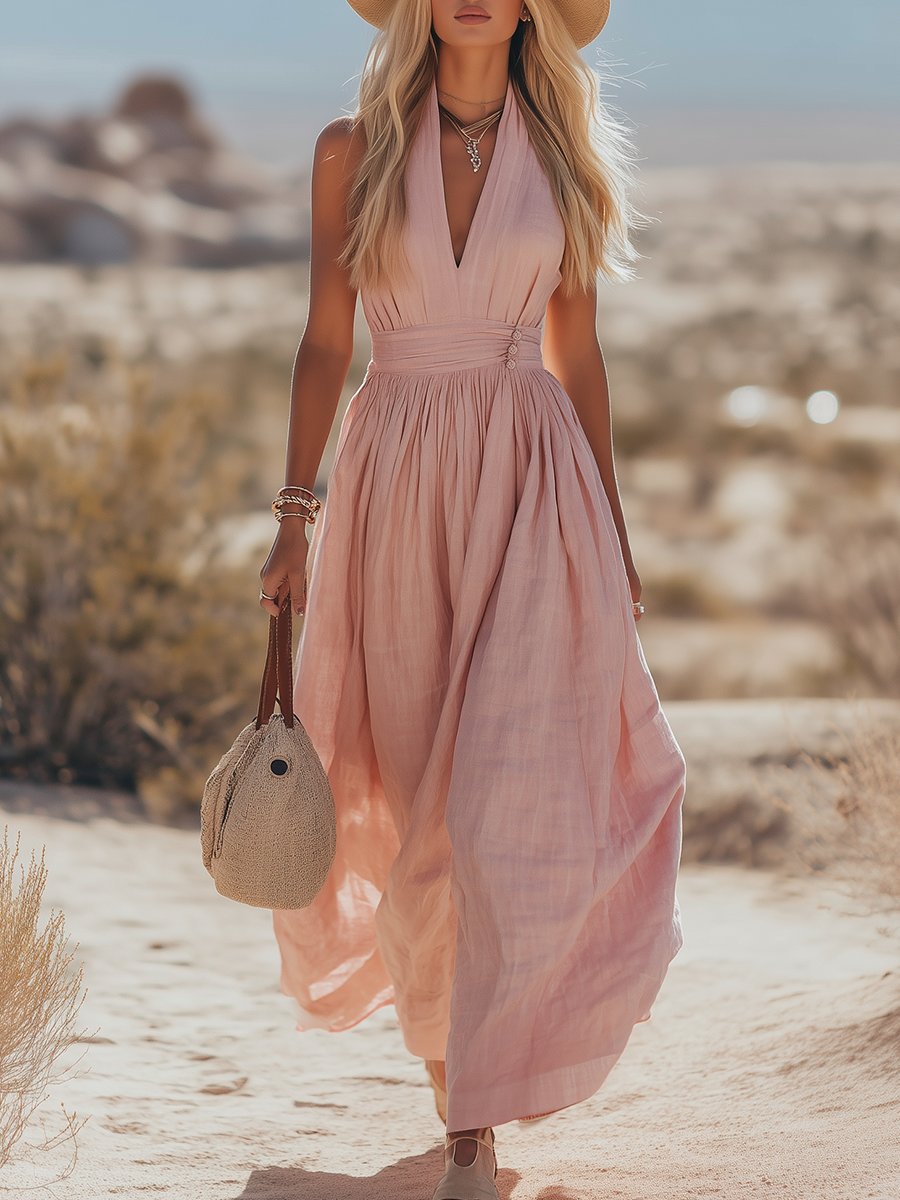 Women's boho halter maxi dress, perfect for summer beach vacations & resort wear. Flowy & elegant.