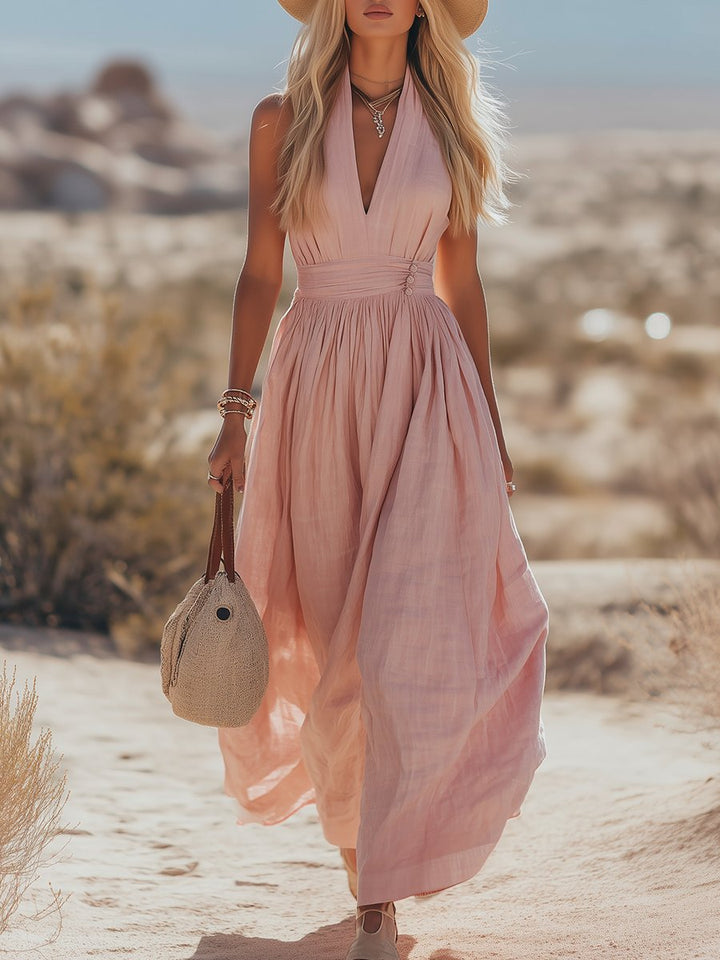 Women's boho halter maxi dress, perfect for summer beach vacations & resort wear. Flowy & elegant.