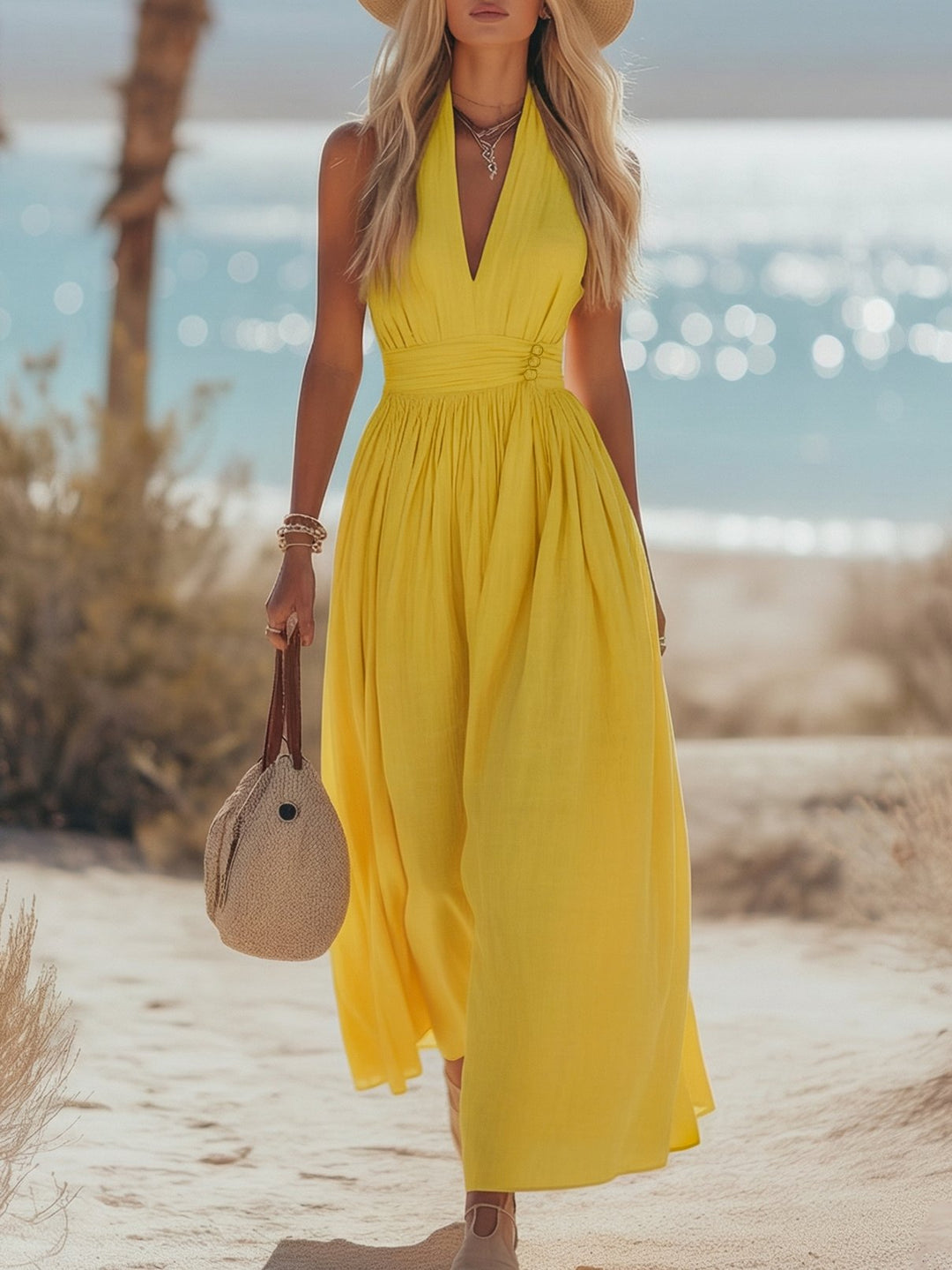Effortless bohemian style: women's halter maxi dress for summer, casual yet elegant fashion.