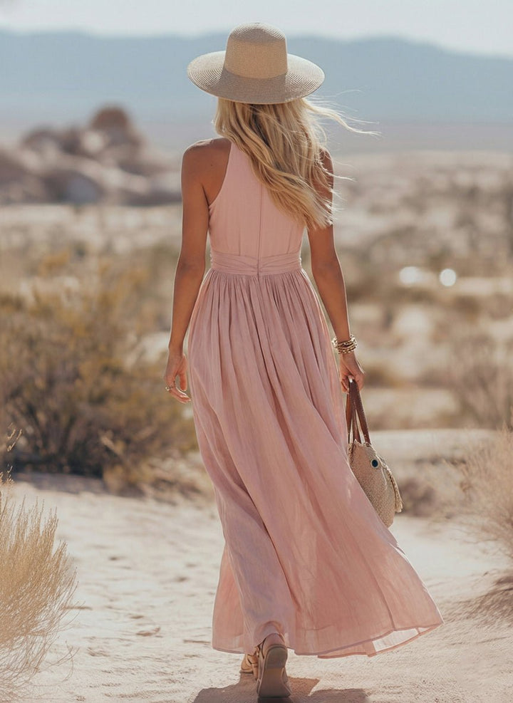Bohemian women's halter maxi dress. Effortless summer wear, great for beach vacations & resort fashion.