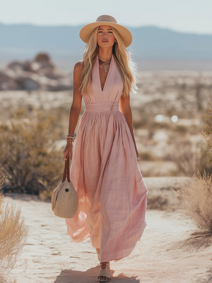 Elegant women's boho maxi dress with a halter neckline. Ideal for summer, beach, and resort style.