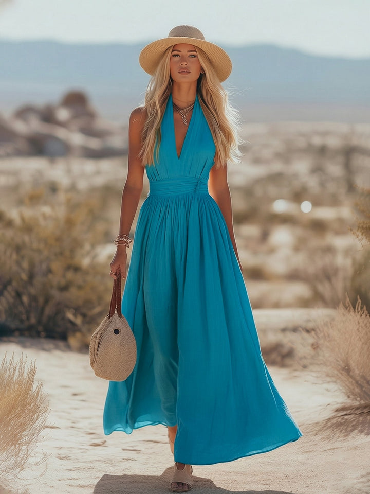 Women's bohemian halter maxi dress, perfect for summer elegance, beach, and resort fashion.