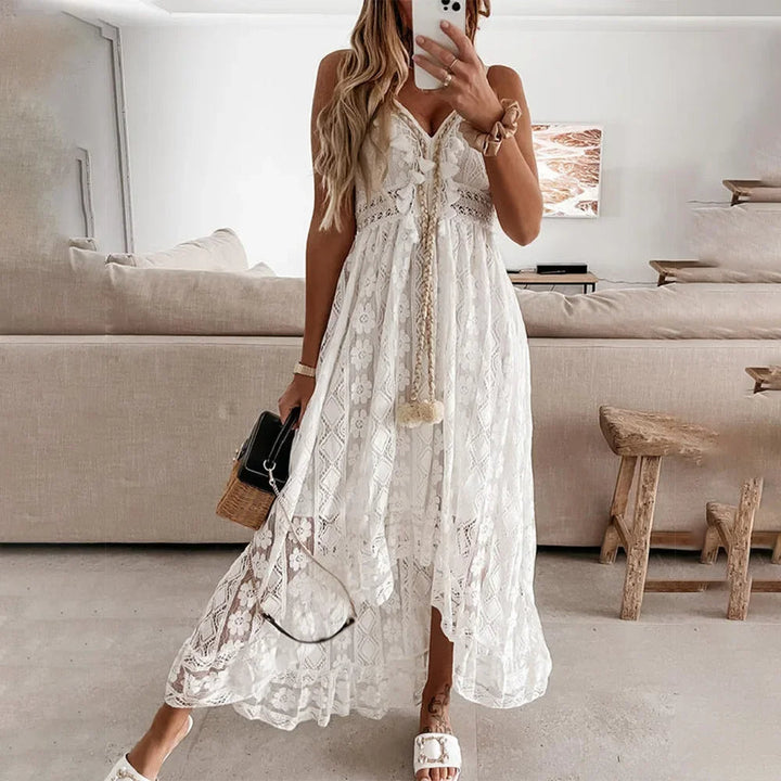 Chic women's boho lace tassel tie-neck A-line dress, perfect for summer beach and holiday outfits.