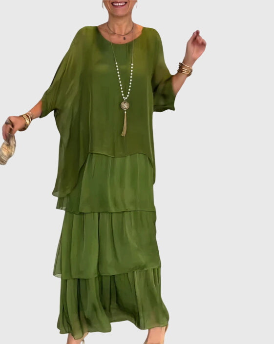 Chic women's layered maxi dress, a bohemian fashion statement for summer.