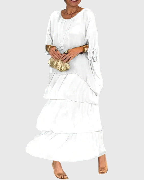 Effortless women's layered maxi dress, chic boho summer fashion.