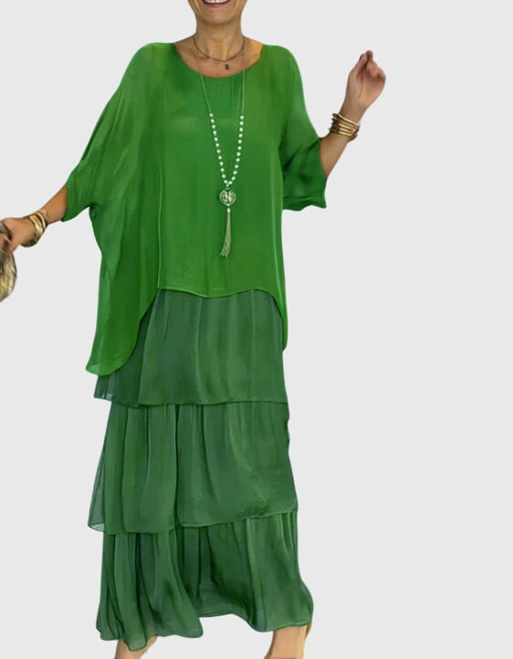 Women's casual maxi dress, layered boho design for summer comfort.