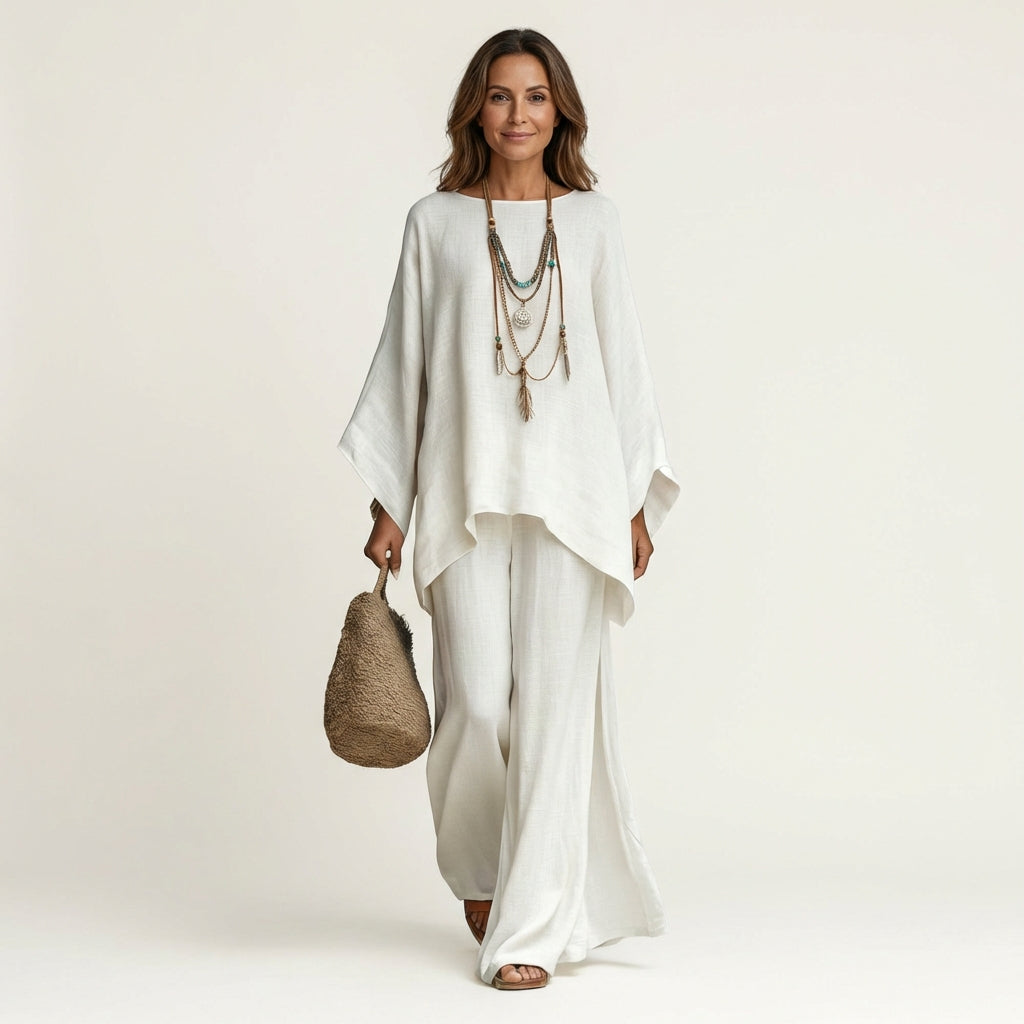 Women's boho linen-blend two-piece set, relaxed fit top & wide-leg pants for casual summer comfort.