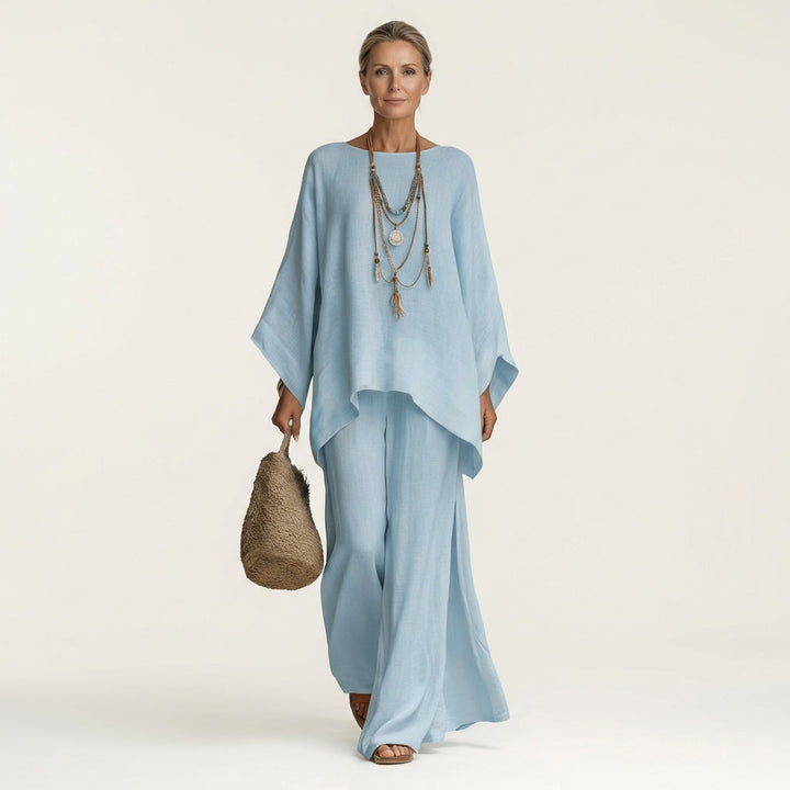 Effortless women's boho two-piece linen blend set, ideal for casual summer travel & relaxed outings.