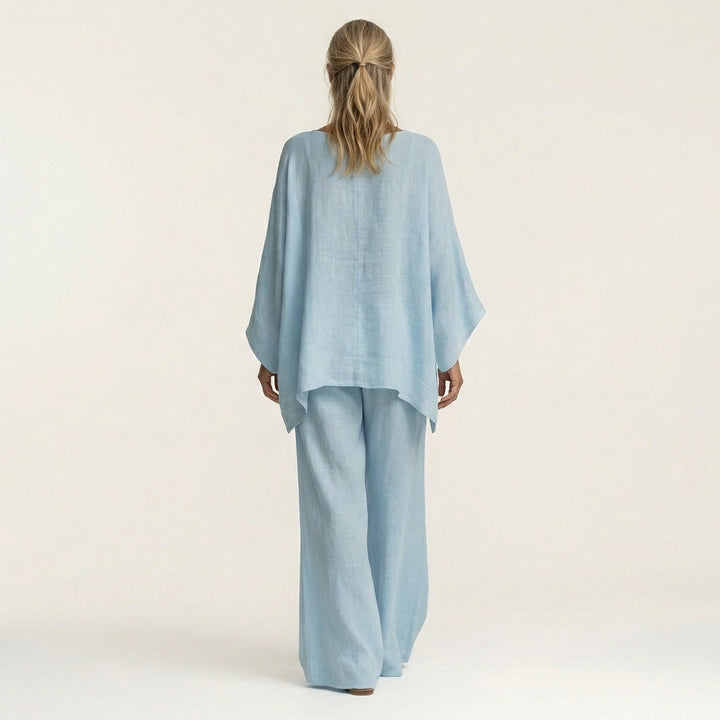 Stylish women's relaxed fit boho linen-blend two-piece set, featuring a wide-leg design for summer.