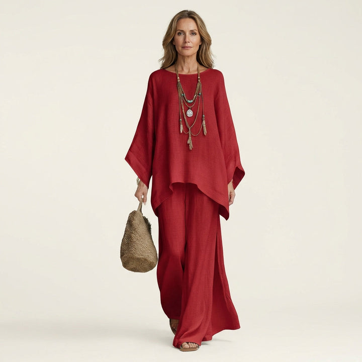 Soft linen-blend two-piece set for women, a comfortable boho outfit with wide-leg pants for summer.