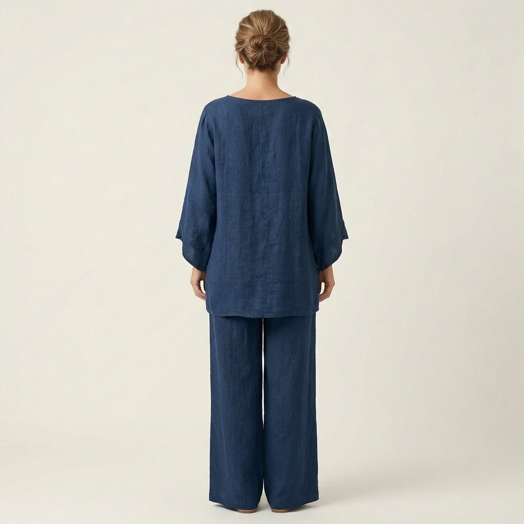 Travel-friendly women's boho two-piece linen-blend set, relaxed wide-leg design for summer comfort.