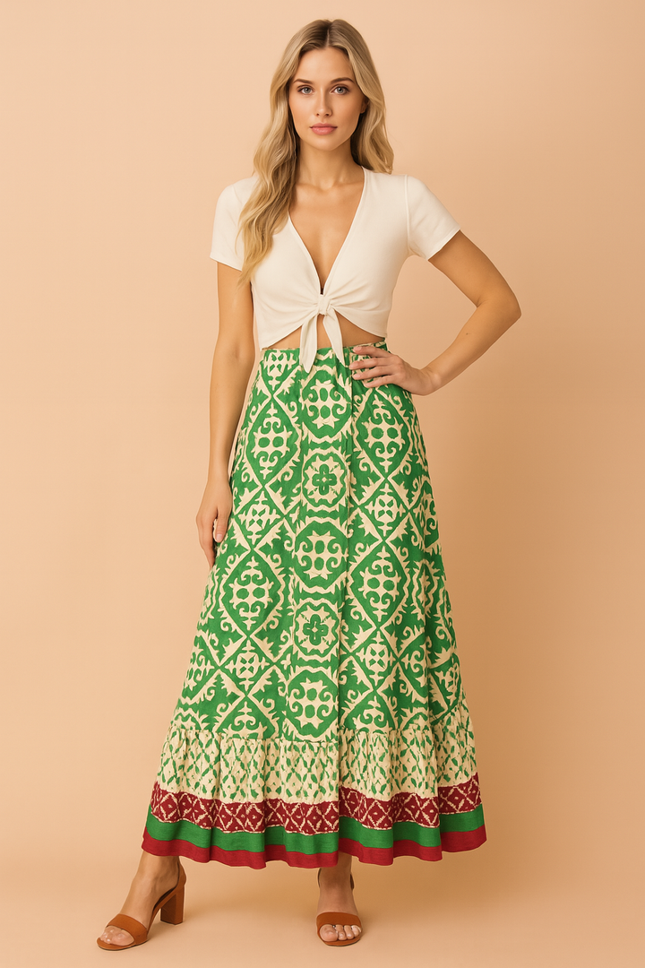 Women's boho long summer maxi skirt with vibrant retro geometric print, perfect for casual or vacation.