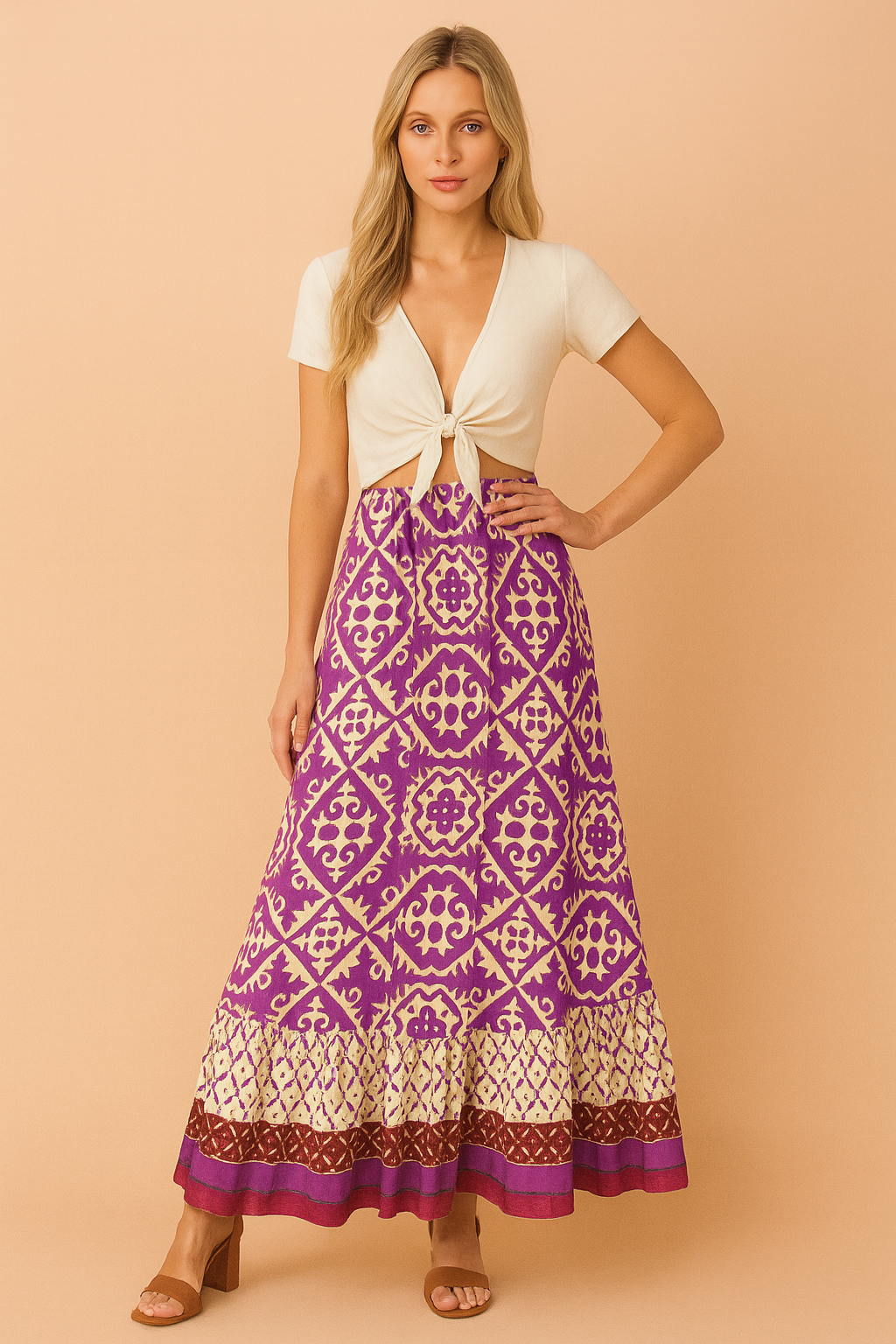 Flowy women's boho long skirt featuring a chic retro geometric print, ideal for summer fashion and comfort.