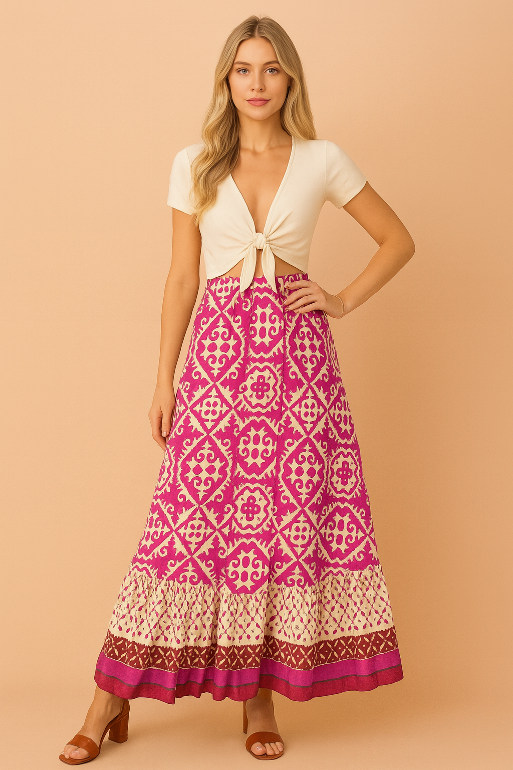 Retro geometric print long maxi skirt for women, a flowy boho summer essential for casual and vacation looks.