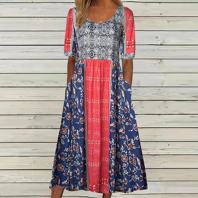 Comfortable women's boho maxi dress, short sleeve round neck. Ideal casual summer vacation & holiday bohemian wear.