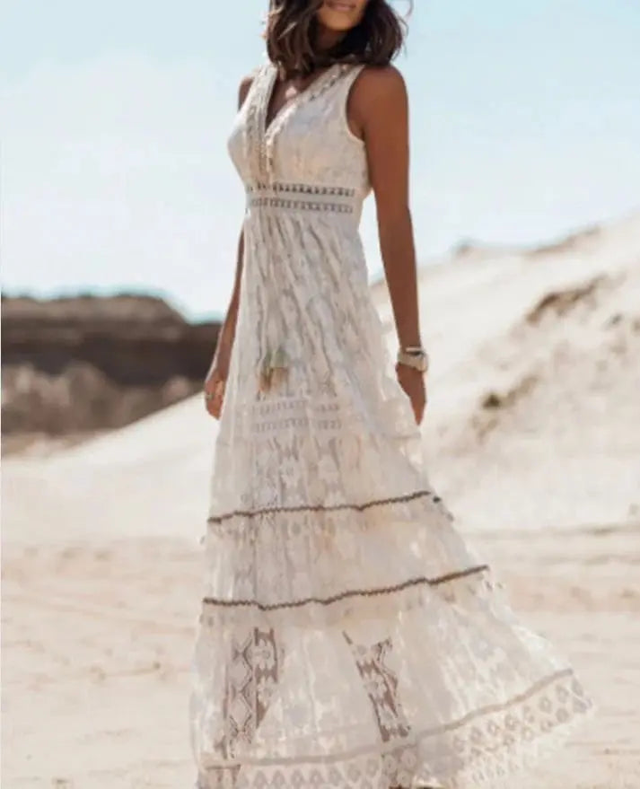 Flowy boho maxi dress for women, featuring a comfortable design and v-neck, ideal for relaxed summer days.