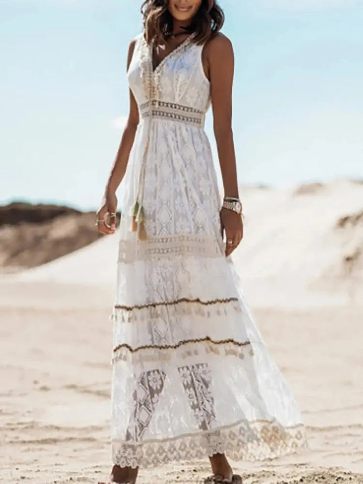 Women's bohemian v-neck maxi dress with an adjustable drawstring waist, creating a flattering and stylish silhouette.