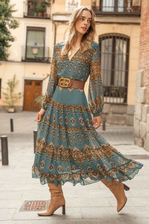 Women's boho medallion print midi dress with puff sleeves & V-neck, a flowy vintage-style summer dress.