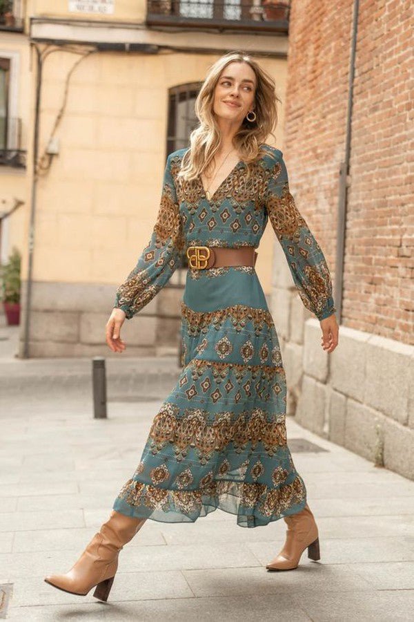 Elegant women's tiered midi dress featuring a bohemian medallion print and stylish puff sleeves.
