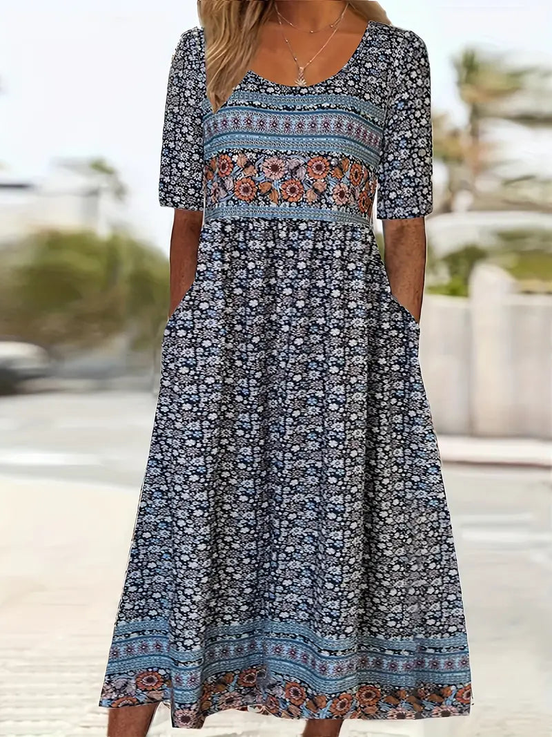 Elegant women's boho midi dress, short sleeves, vibrant print. Perfect flowy summer casual day wear.