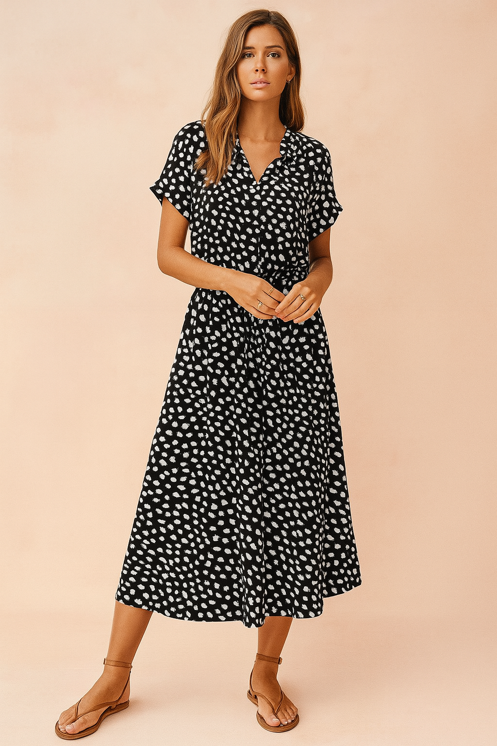 Elegant women's polka dot midi summer dress with a tie-waist, ideal for spring fashion & casual wear.