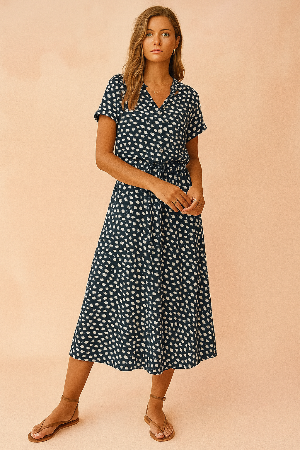 Women's casual boho midi dress, spring/summer fashion with playful polka dots and an adjustable tie-waist.