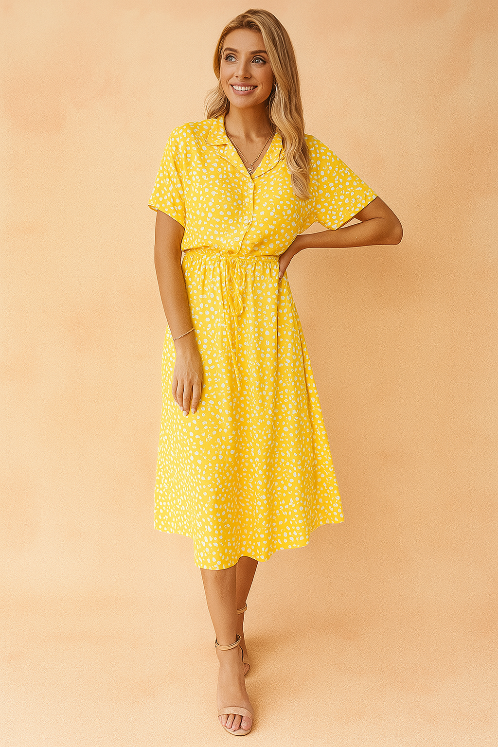 Women's bohemian midi dress, polka dot pattern & tie-waist. Great for spring fashion and summer outings.